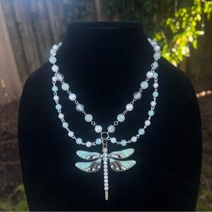 Elegant Dragonfly Pendant Necklace with Silver and Green Beads